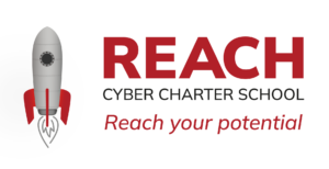 Gray illustrated rocket next to the words "REACH CYBER CHARTER SCHOOL, Reach your potential"